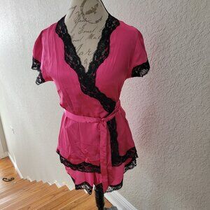 NWOT 3-Piece Pink Satin Pajama: Wraparound Top, Shorts, Pants